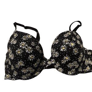 PINK black lightly lined padded bra with daisies. 34C. Like new